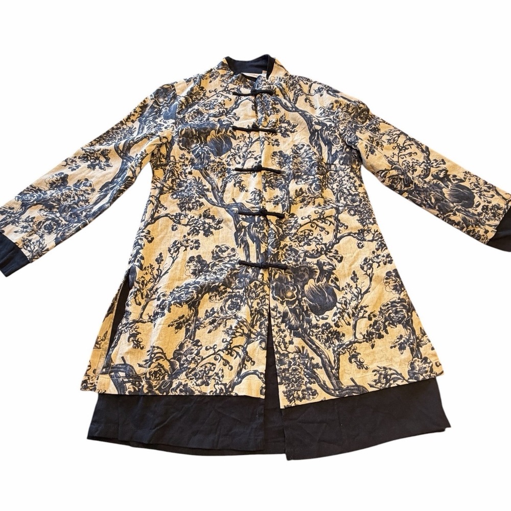 Soft Surroundings Empress Blue Floral Mandarin Style Jacket Tunic Linen Small